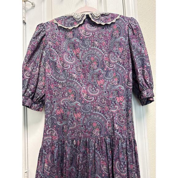 Vintage Gunne Sax Purple Paisley Puff Sleeve Crochet Cottage Maxi Dress Size 13 - Picture 6 of 10